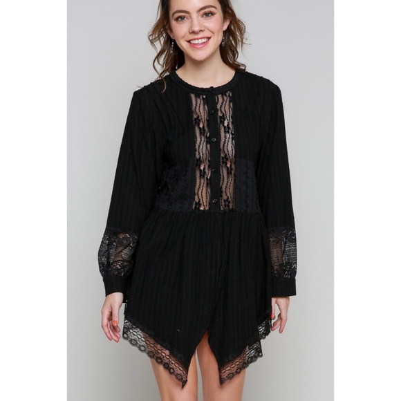 POL Black Cotton & Lace Long Sleeve Unbalanced Hem Button Down Shirt - Picture 6 of 8